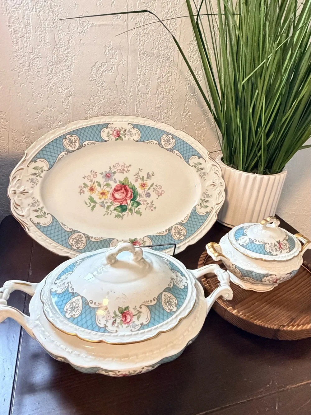 Vintage Royal Jackson / Myott Porcelain Serving Set - 3 Pieces (Blue Floral)